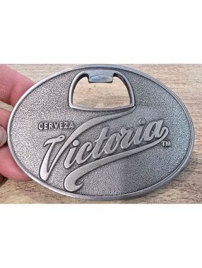 Vintage Cerveza Victoria Oval Metal Belt Buckle with Textured Finish